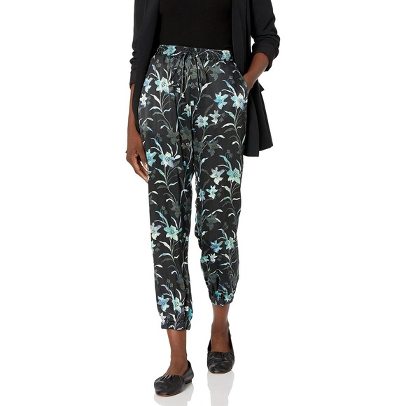 Johnny Was Jogger Pants Romi 92% Silk Black Women's Size L Floral - Picture 1 of 9